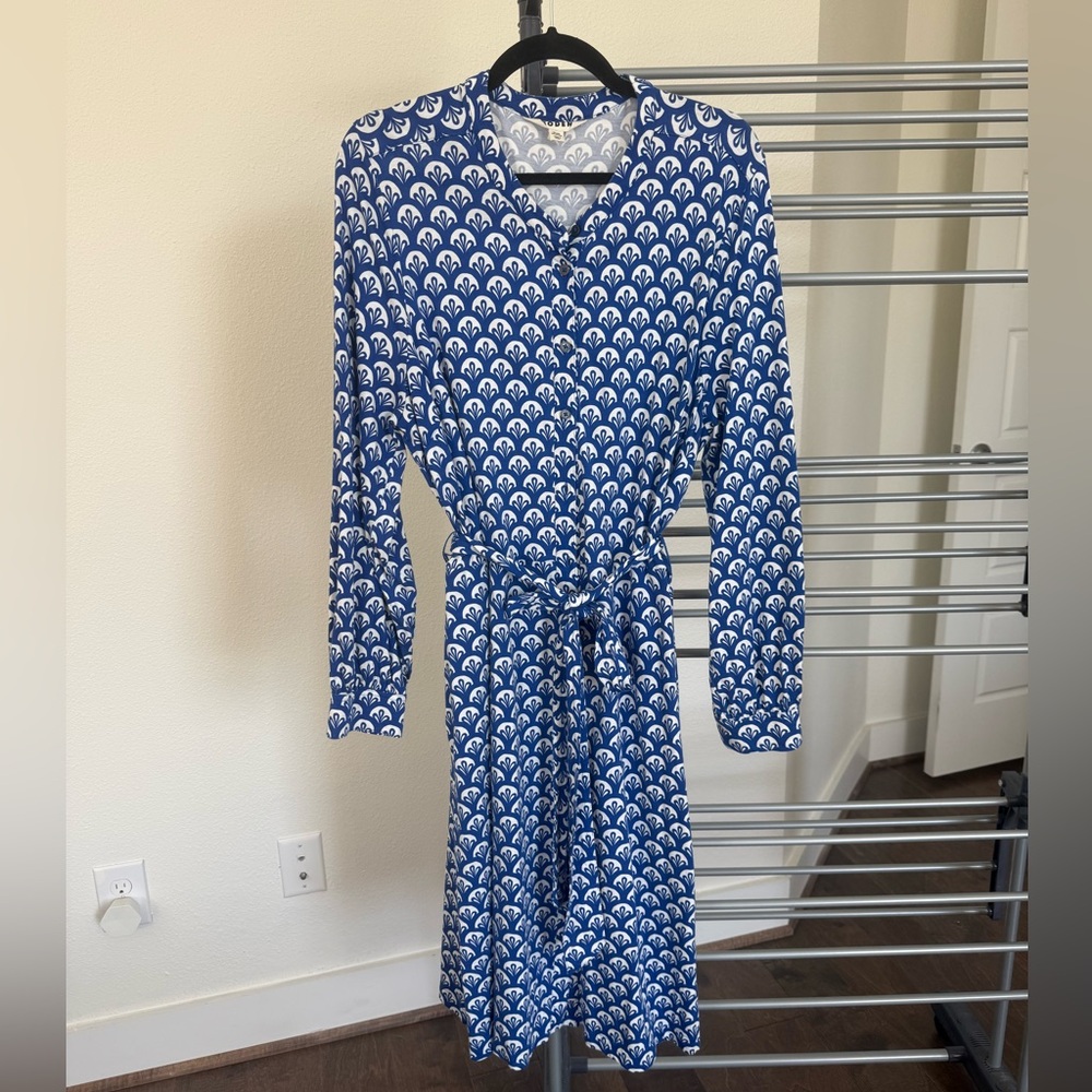 Boden Navy and White Patterned Long Sleeve Dress